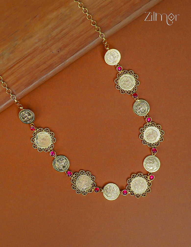 Gold Plated Kemp Stone with Antique Traditional Kaashu Lakshmi Necklace - ZS1012318