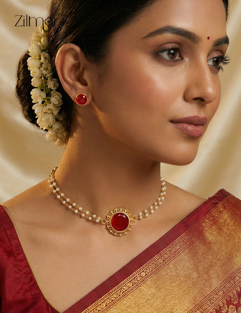 Premium Pearl Necklace with Palakka Round Pendant Earring Set (color option) - KY1012205