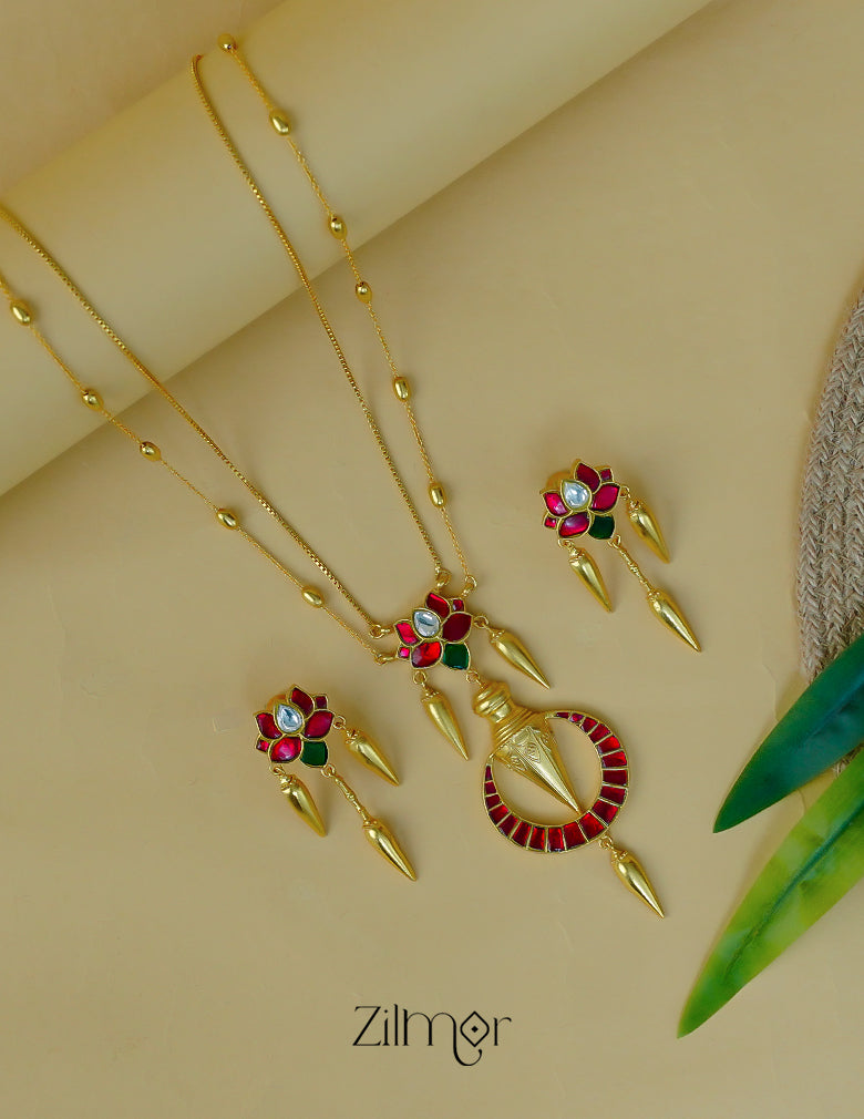 ZE1012064 - Lotus Pendant Premium Jadua Stone Double Layer Necklace Earrings Set