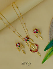 ZE1012064 - Lotus Pendant Premium Jadua Stone Double Layer Necklace Earrings Set