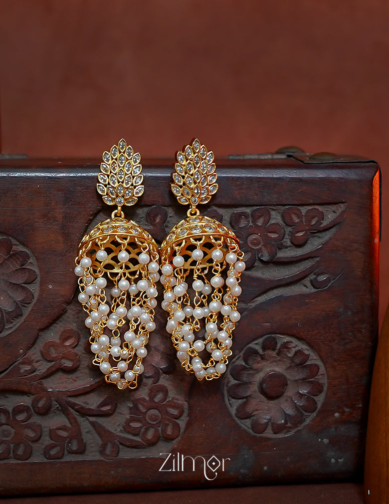 KA1012028- AD Stone with Pearl Layer Hanging Jumka Earrings