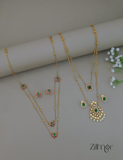 KY1011842 - Antique AD Stone &Lotus Layer Necklace with Earrings Combo 2-Zilmor