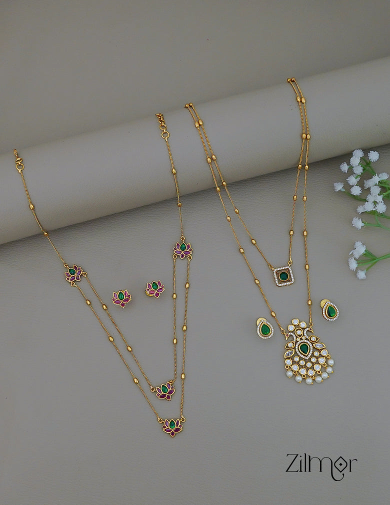 KY1011842 - Antique AD Stone &Lotus Layer Necklace with Earrings Combo 2-Zilmor