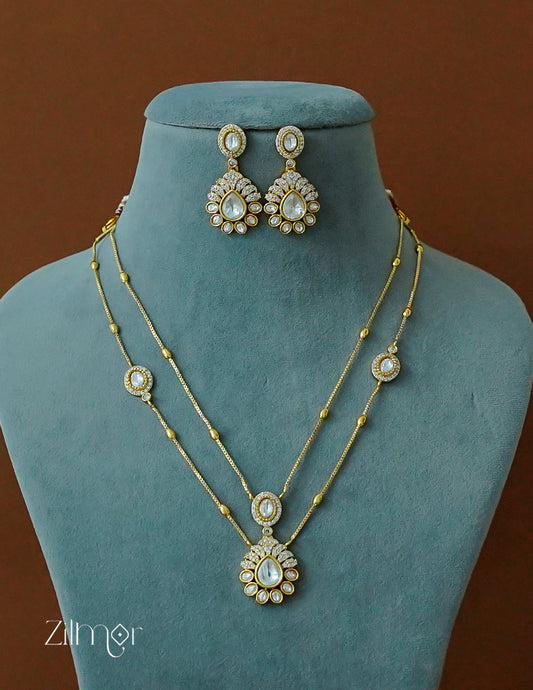 SN1011862- Premium Antique AD Stone Double Layer Necklace with Earrings 2-Zilmor
