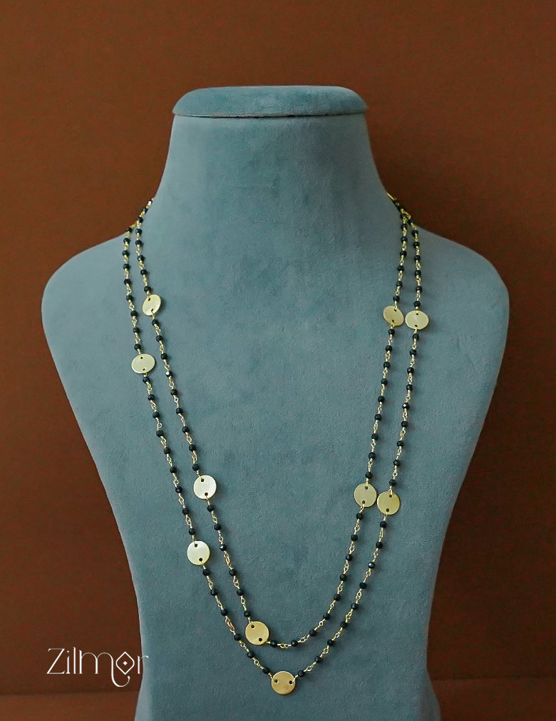 KY1011940 - Double Layer Black Beaded with Gold Disc Long Chain Necklace 2-Zilmor
