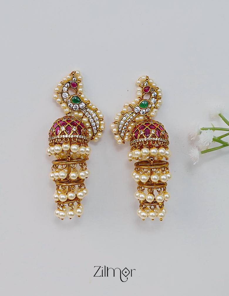 SN1012014- Ad Stone with Pearl Peacock Jumkha Earrings