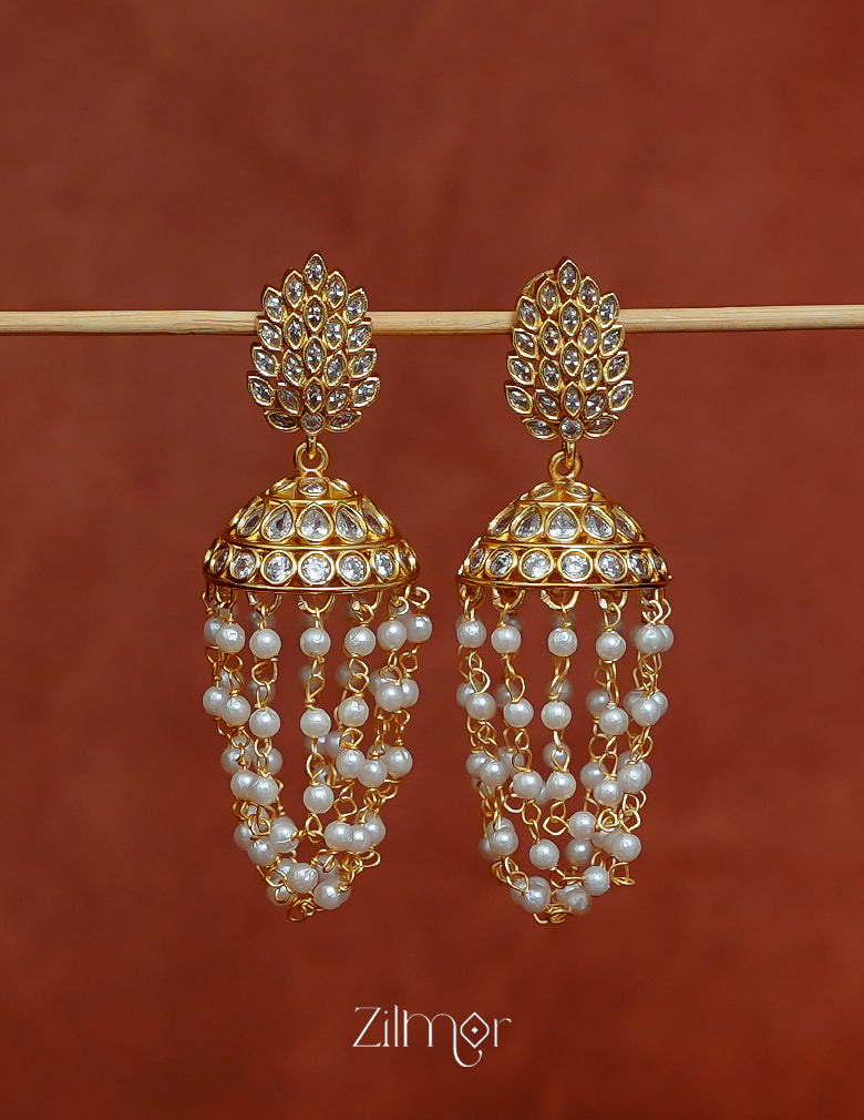 KA1012028- AD Stone with Pearl Layer Hanging Jumka Earrings