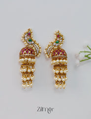 SN1012014- Ad Stone with Pearl Peacock Jumkha Earrings