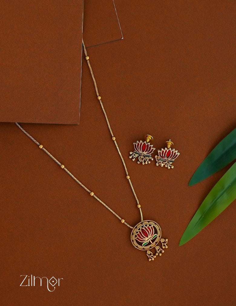 BH1012069 - Antique Lotus Pendant Necklace with Earrings (color option)