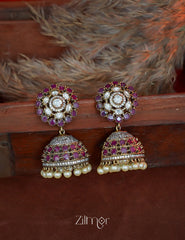 BH1012030- Antique AD Stone Pearl Hanging Jumkha Earrings