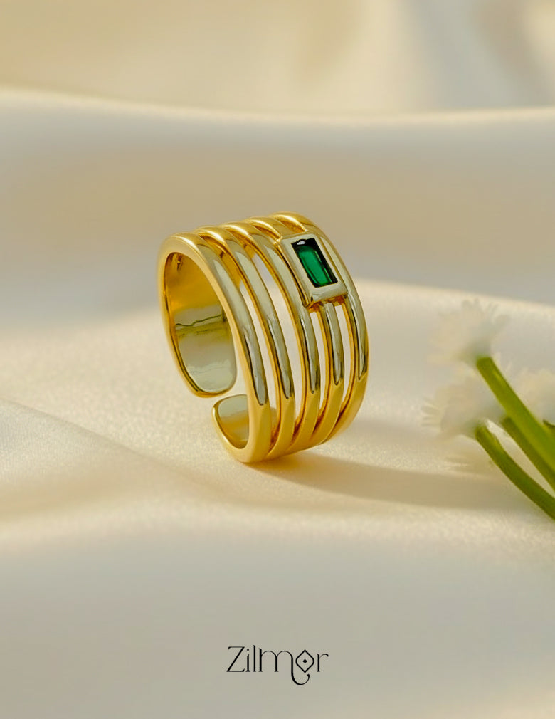ZC1012048 - 18K Gold Plated Multi Layer Emerald Stone Adjustable Statement Ring