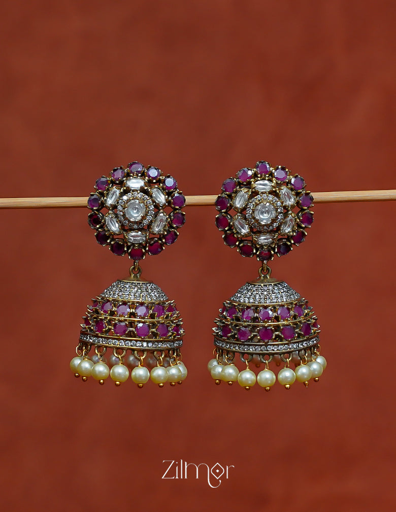 BH1012030- Antique AD Stone Pearl Hanging Jumkha Earrings