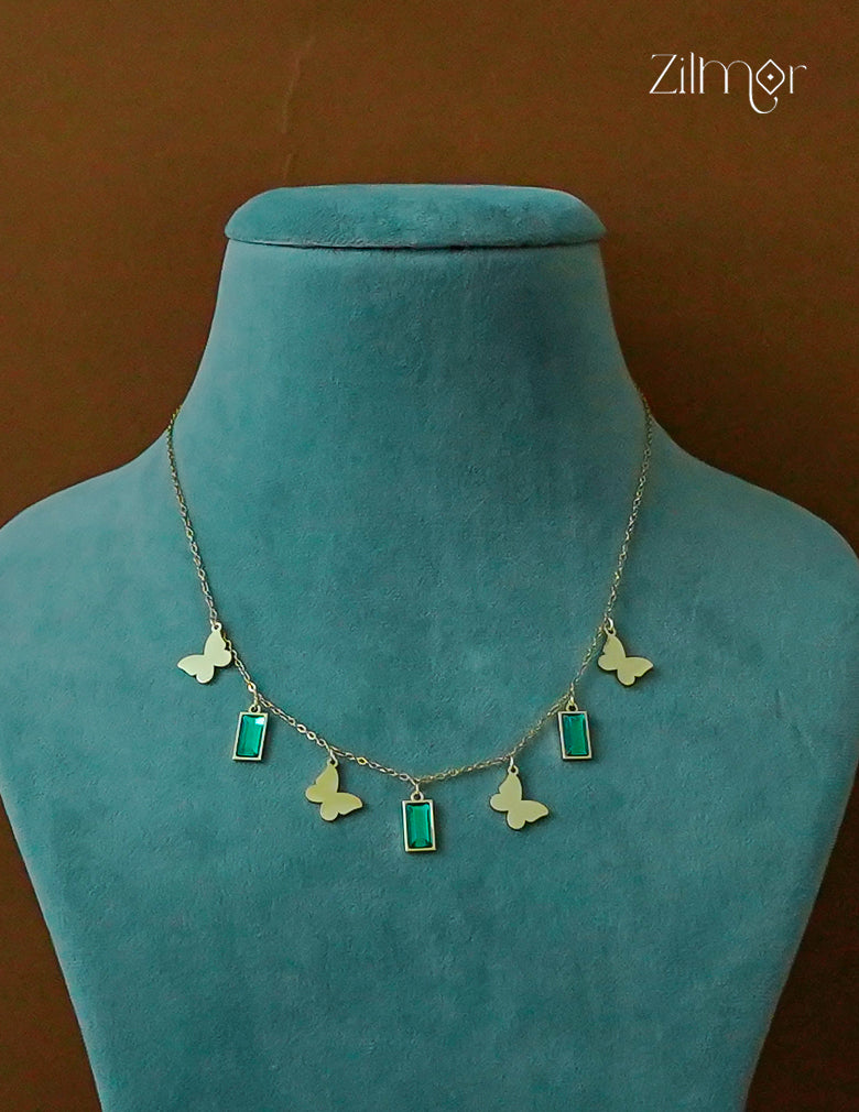 Butter Fly with Semi Precious Stone Pendant Necklace-ZF1012140