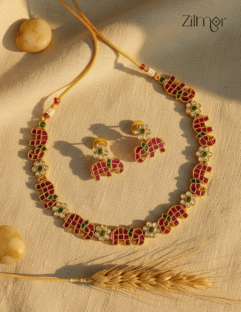 Premium Antique Real Kemp & Ad Stone Haati Necklace with Earrings -SN1012198