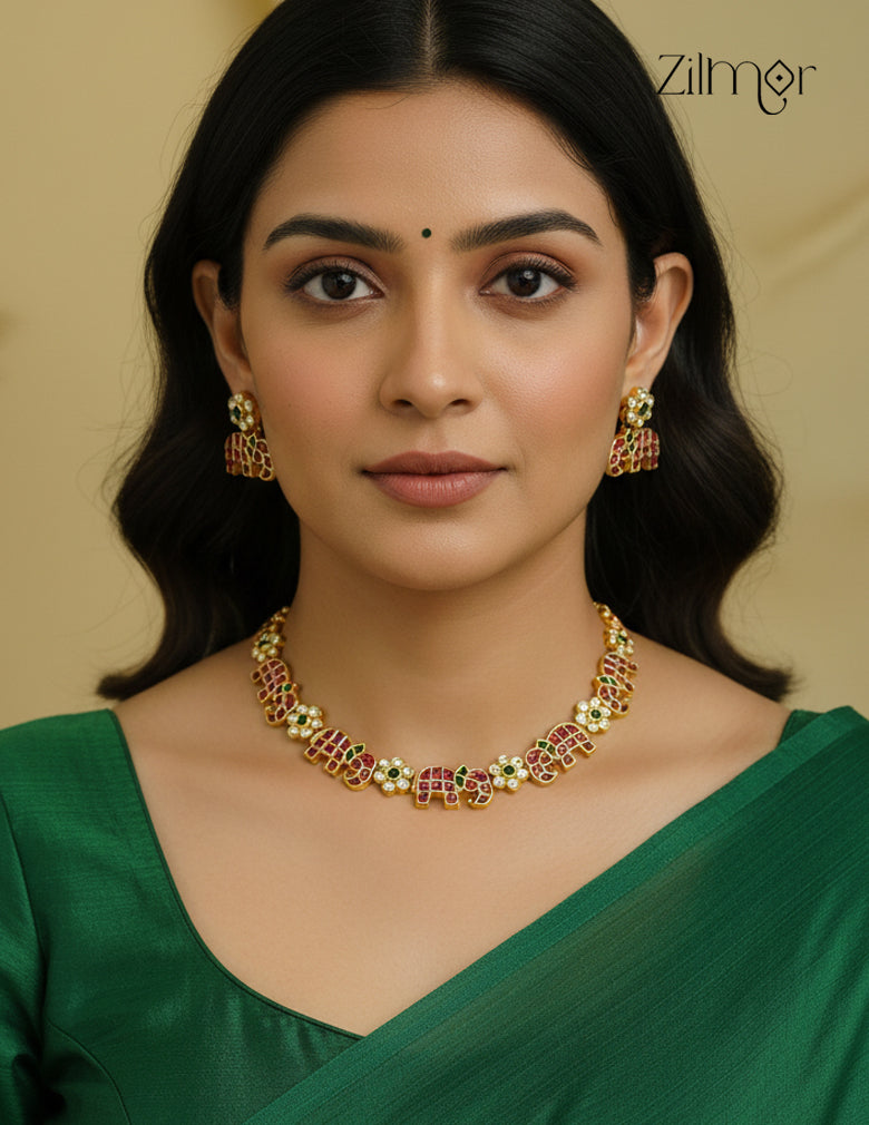 Premium Antique Real Kemp & Ad Stone Haati Necklace with Earrings -SN1012198