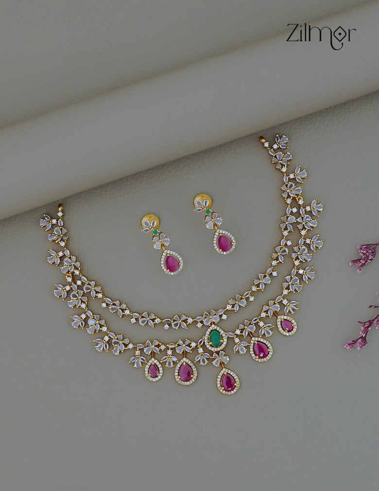SN101725 - AD Stone 2 Layer Necklace Set Earring