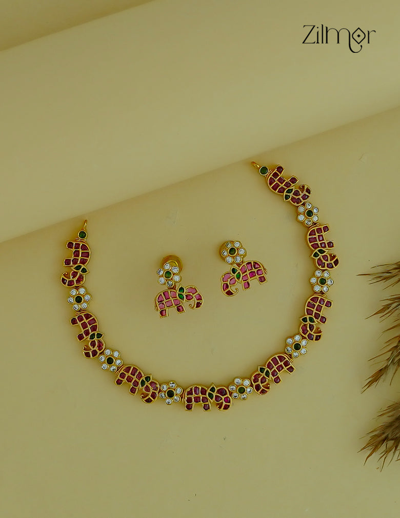 Premium Antique Real Kemp & Ad Stone Haati Necklace with Earrings -SN1012198