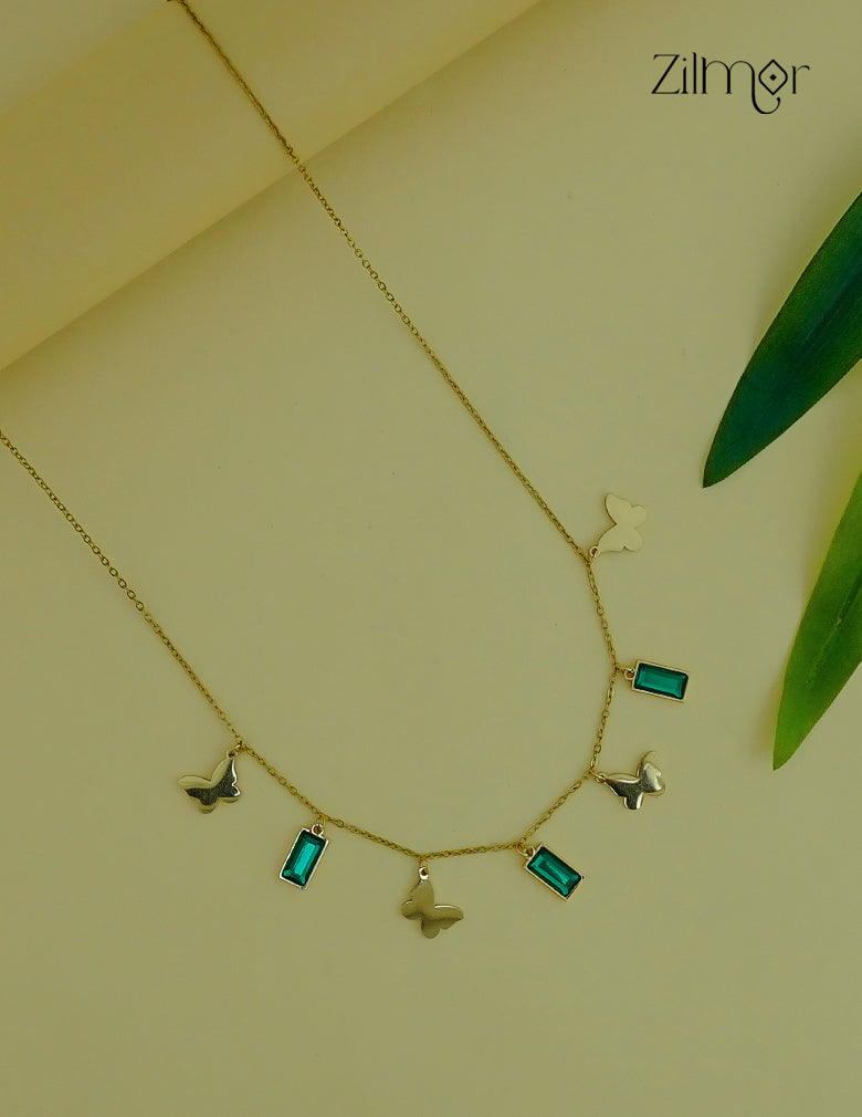 Butter Fly with Semi Precious Stone Pendant Necklace-ZF1012140