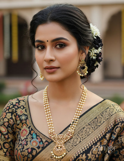 SN1011465 - AD Stone Pearl Long Haram Necklace Earrings Set