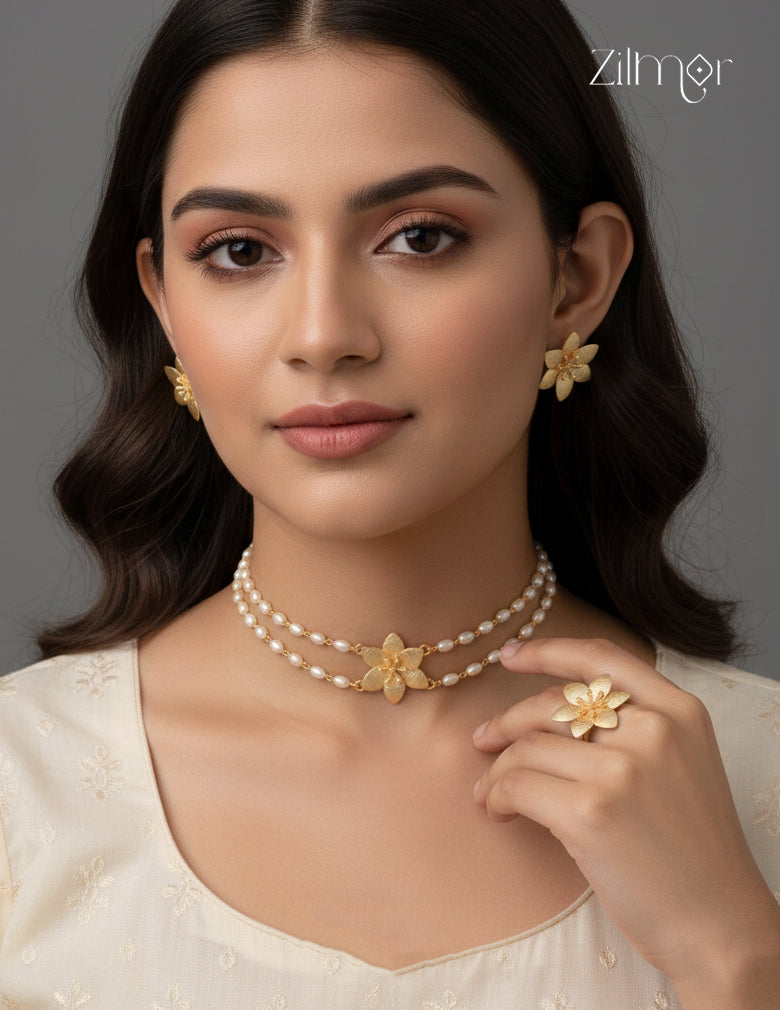 AS1011266 - Flower Pearl Necklace Earring Ring Set