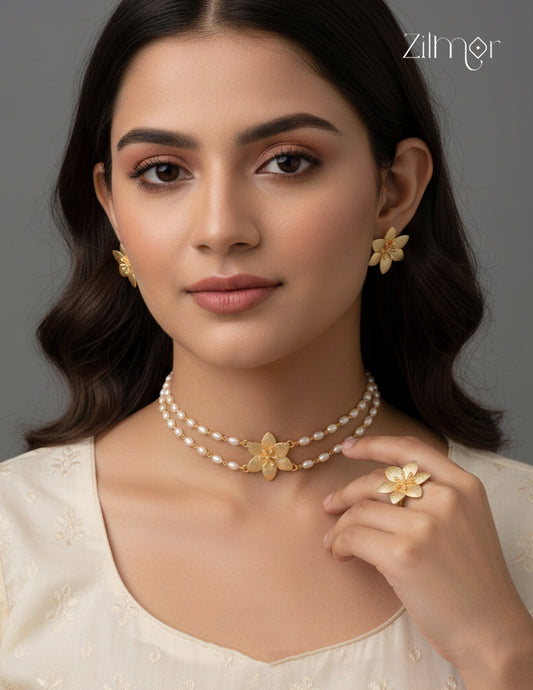 AS1011266 - Flower Pearl Necklace Earring Ring Set