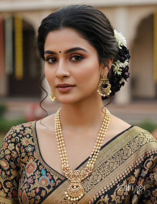 SN1011465 - AD Stone Pearl Long Haram Necklace Earrings Set