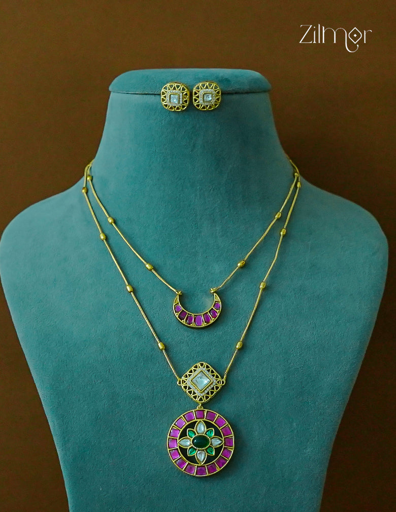 KH1011382 - Moissanite Stone& Jadau Kemp Double Layer Necklace with Earrings