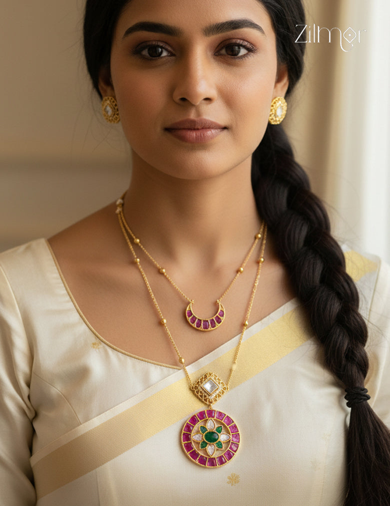 KH1011382 - Moissanite Stone& Jadau Kemp Double Layer Necklace with Earrings