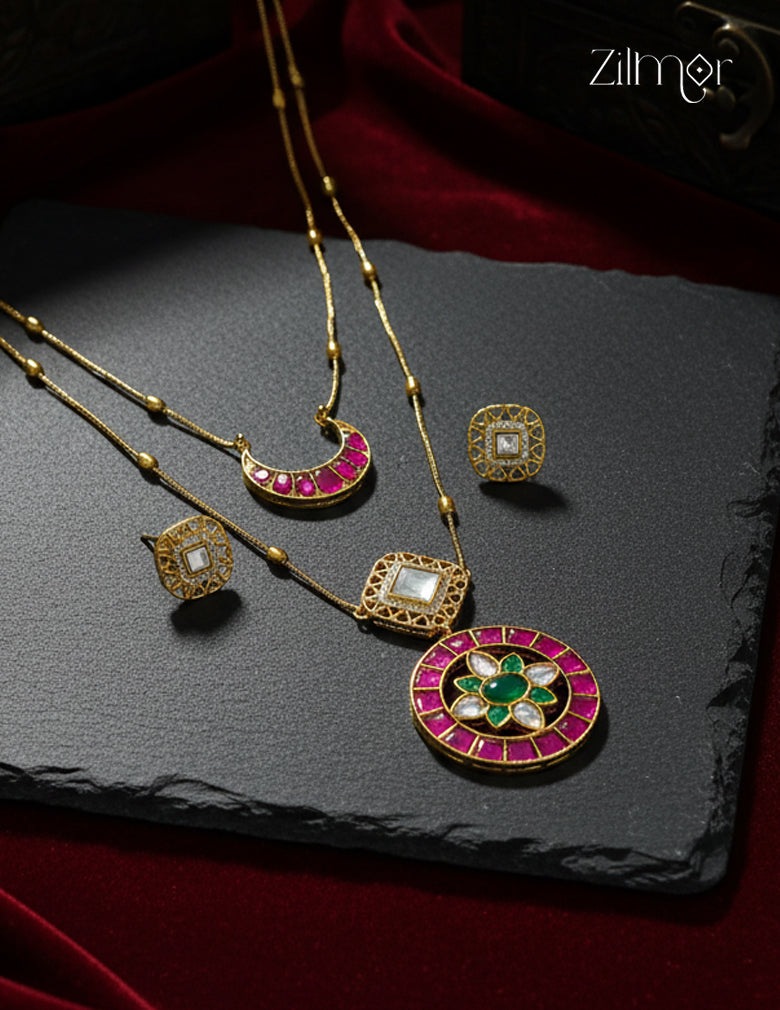 KH1011382 - Moissanite Stone& Jadau Kemp Double Layer Necklace with Earrings