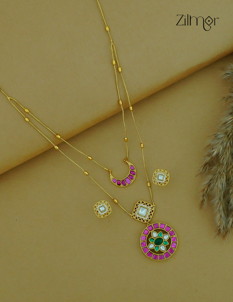 KH1011382 - Moissanite Stone& Jadau Kemp Double Layer Necklace with Earrings