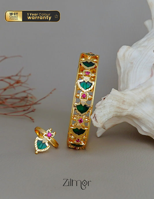 KY1011770 - Gold Plated Palakka statement Bangle & Adjustable Palakka Ring Combo (color option)
