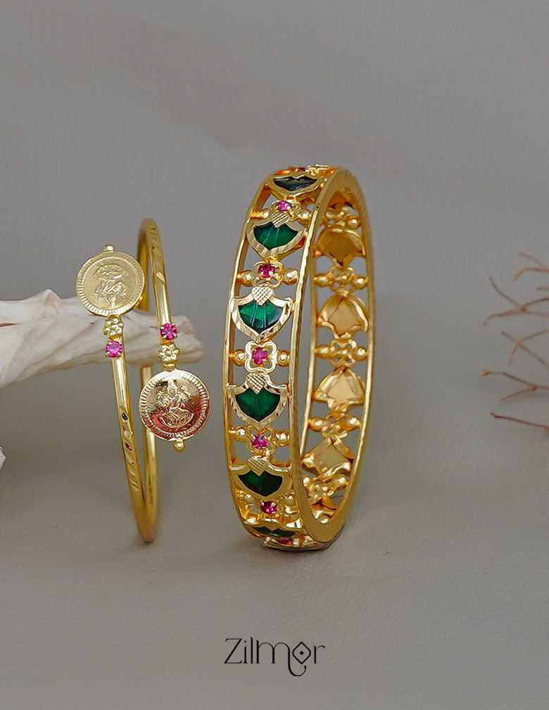 KY1011788 - Gold Plated Palakka Statement  & Lakshmi coin Bangle combo (color option) 3-Zilmor