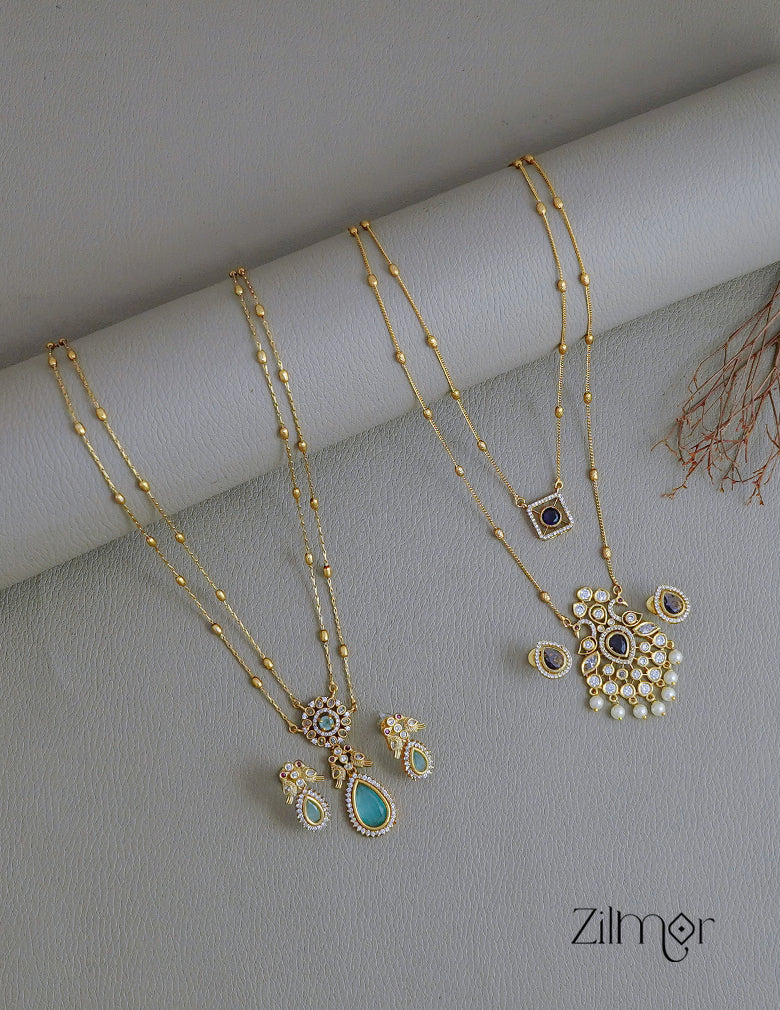 KY1011752- Premium Antique AD Stone Double Layer Long Necklace with Earrings Combo 2-Zilmor