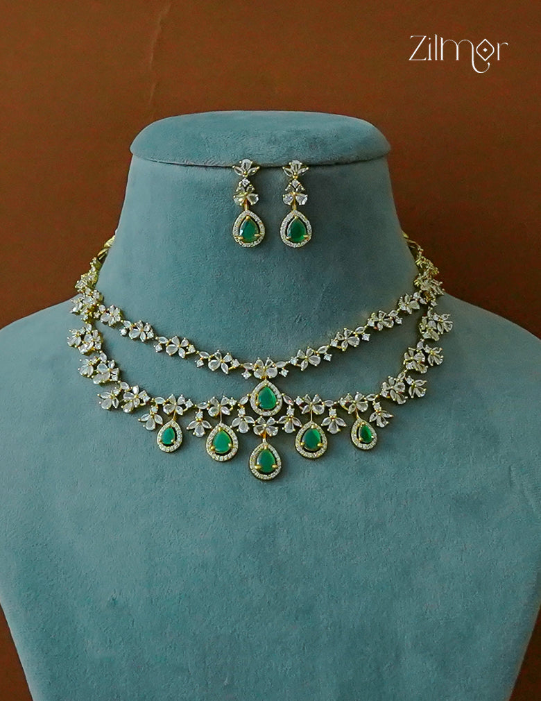 SN101725 - AD Stone 2 Layer Necklace Set Earring