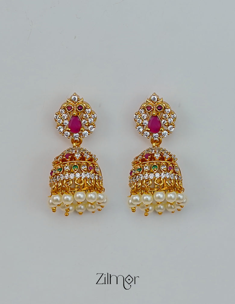 BH1012031- AD Stone Pearl Hanging Jumkha Earrings