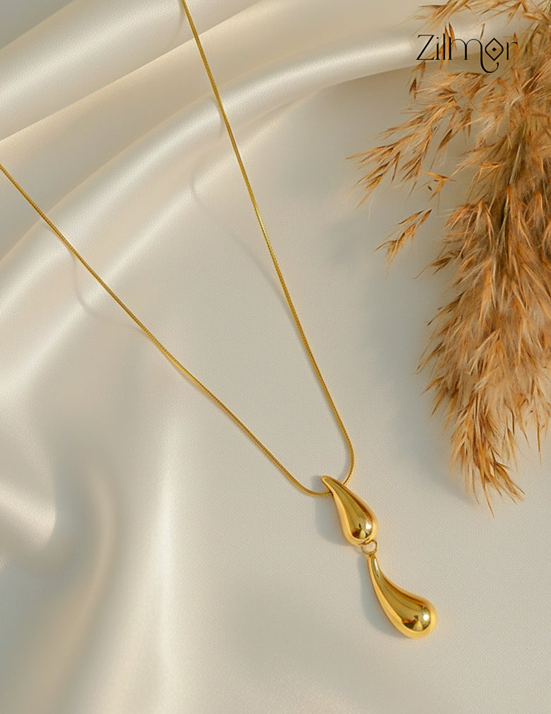 Anti Tarnish Gold Tone Teardrop Duo Pendant Simple Necklace-ZF1012134