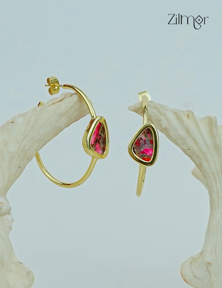 18K Gold Plated Designer Natural Raw  Stone Hoop Earrings (color option) - ZP1012177