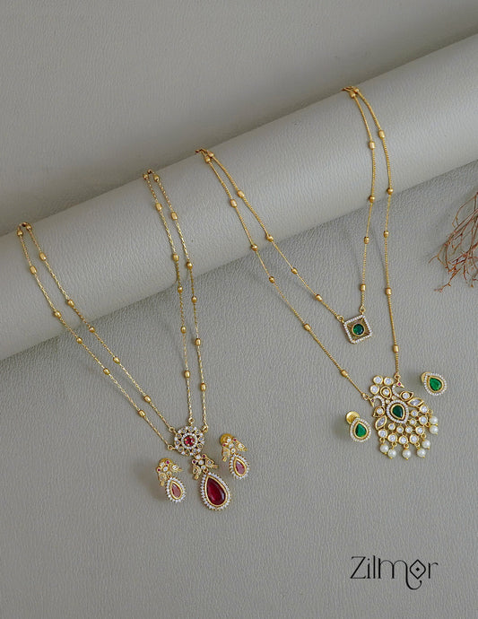 KY1011752- Premium Antique AD Stone Double Layer Long Necklace with Earrings Combo