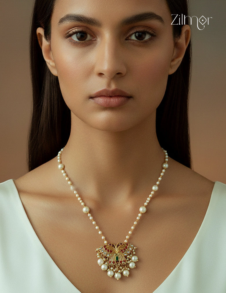 AD Stone Butter Fly Pendant with Pearl Necklace - CL1012080