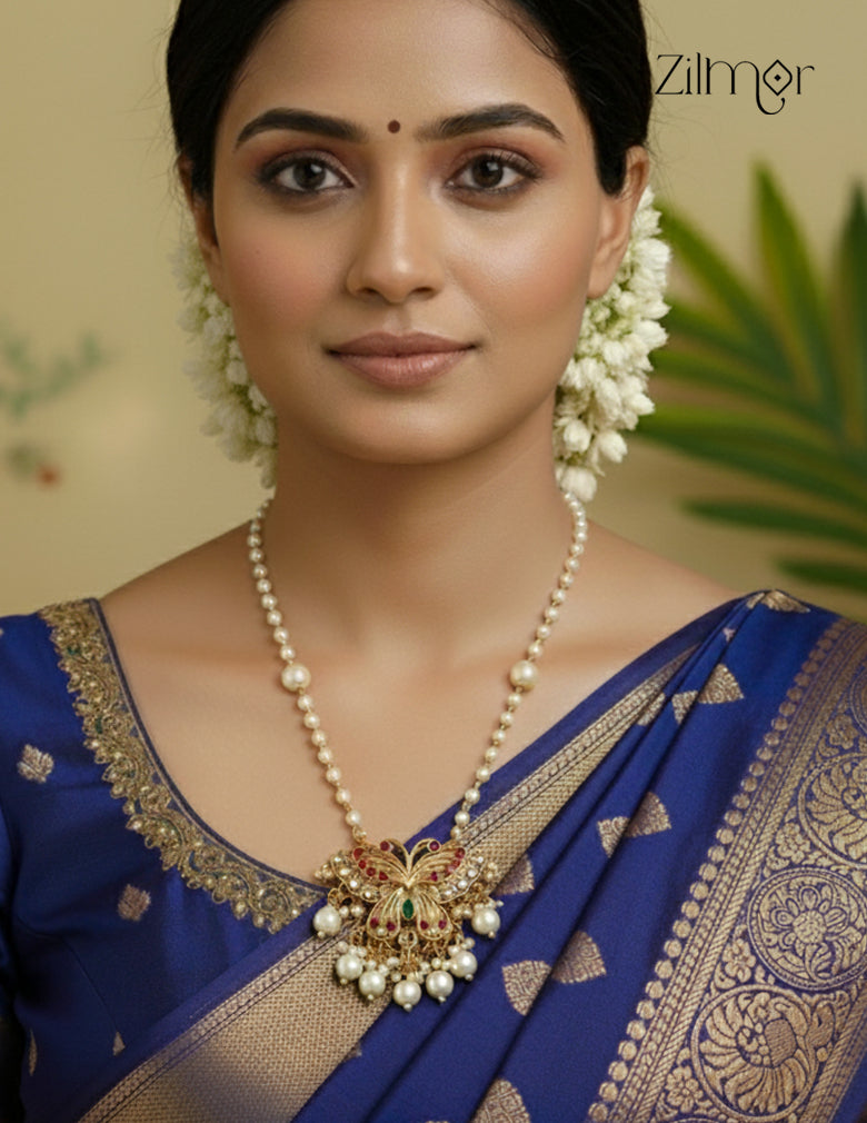 AD Stone Butter Fly Pendant with Pearl Necklace - CL1012080