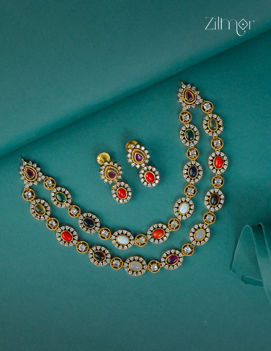 Premium Antique Navaratna Necklace with Earrings Set - CL1012310