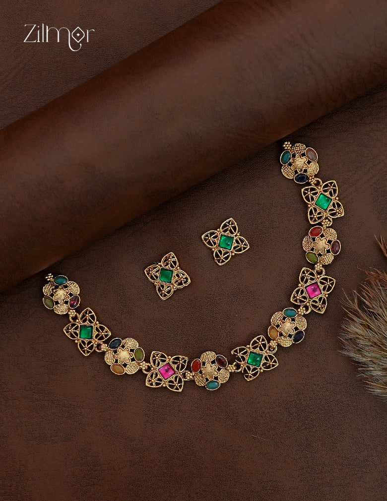 Antique Floral Motif Choker Necklace Set with Matching Earrings - NV1012846