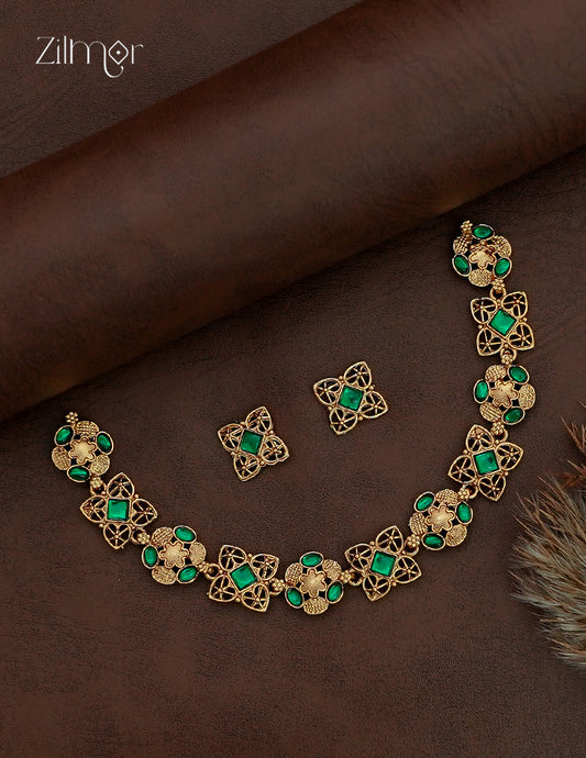 Antique Floral Motif Choker Necklace Set with Matching Earrings - NV1012846