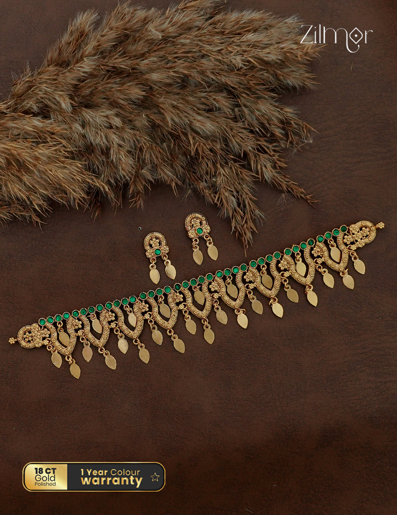 Antique Elakkathali Choker Necklace Set with Earrings | NV1012699