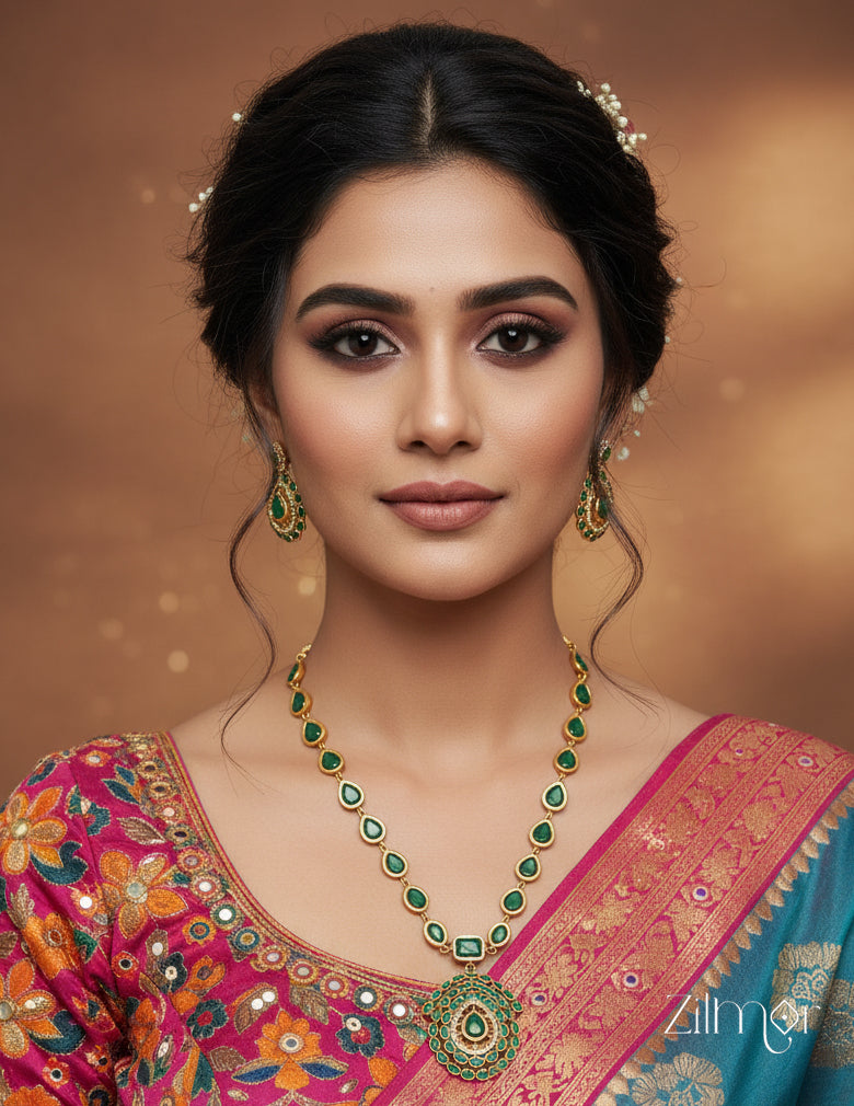 KA1011621- Green Kemp Stone Antique Choker Necklace Earrings Set