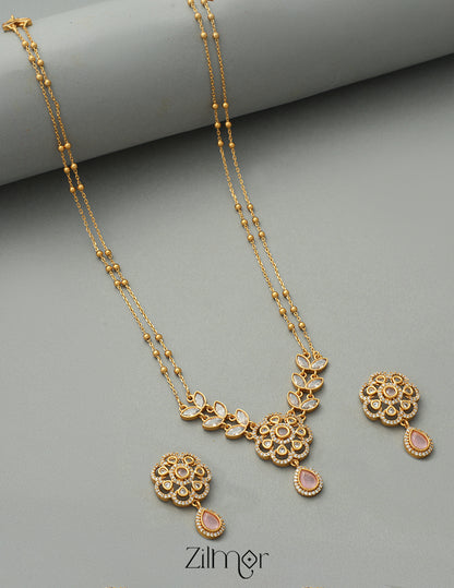 SN1011329 - Premium Antique AD Stone Double Layer Necklace with Earrings 3-Zilmor