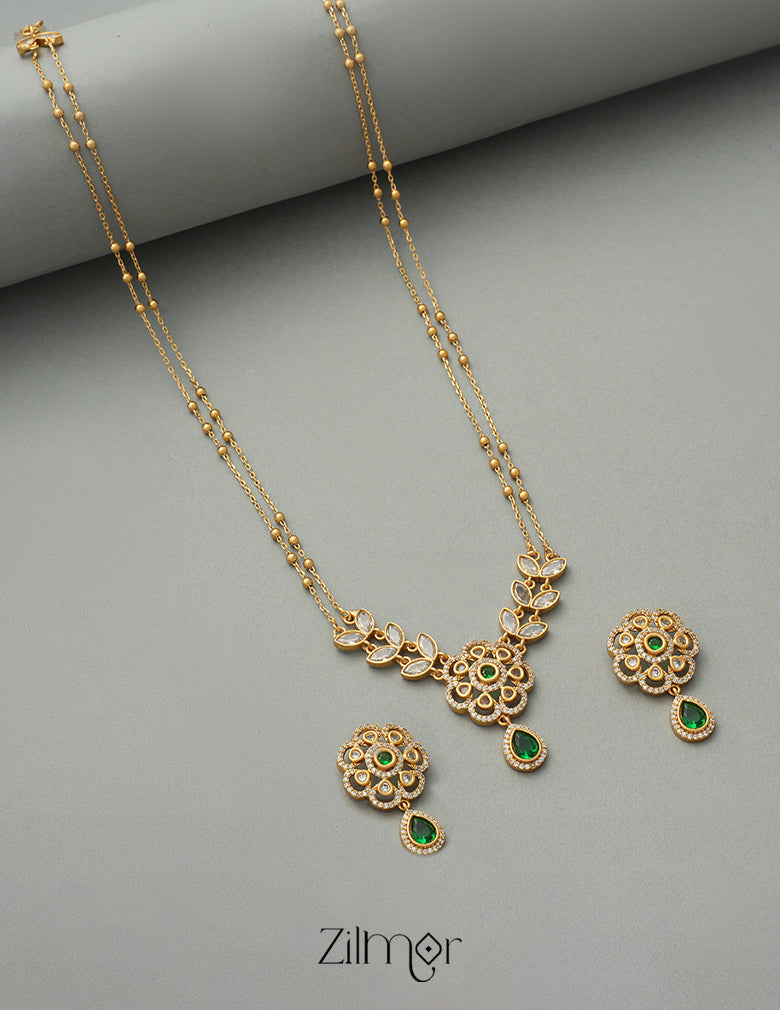 SN1011329 - Premium Antique AD Stone Double Layer Necklace with Earrings 5-Zilmor