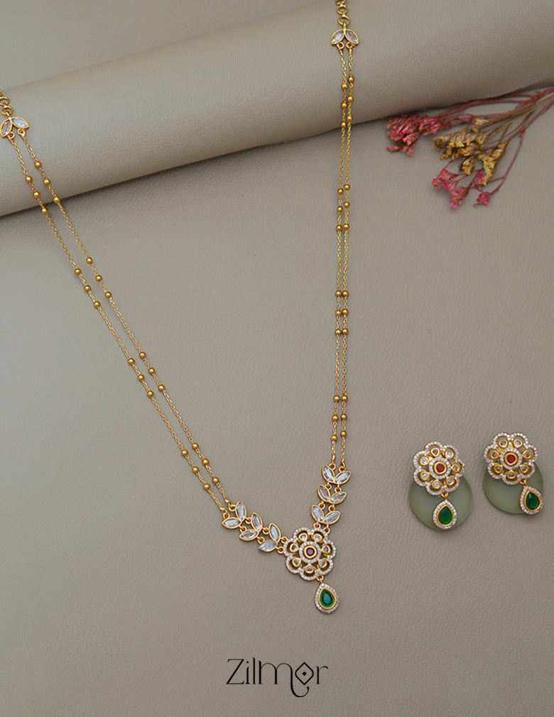 SN1011329 - Premium Antique AD Stone Double Layer Necklace with Earrings 9-Zilmor