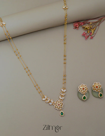 SN1011329 - Premium Antique AD Stone Double Layer Necklace with Earrings 9-Zilmor