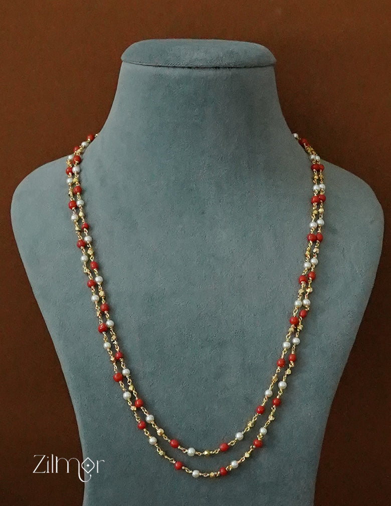 SG1011968- Double Layer Red Coral Beaded Pearl Chain Necklace